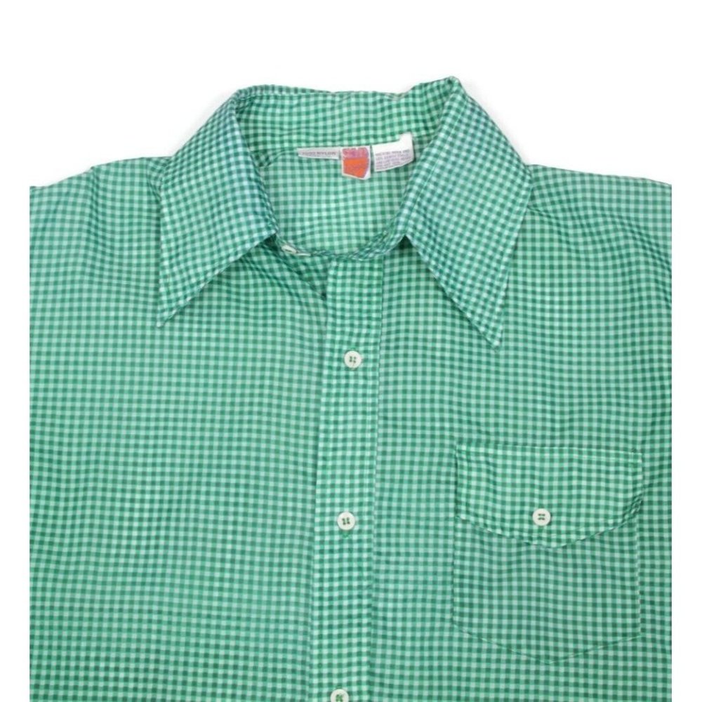 Vtg SKYR Men Green White Gingham Long Sleeve Button Down Nylon Disco Shirt L 786